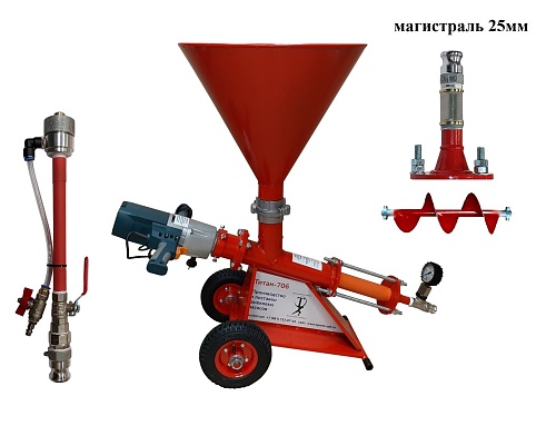 Инъекционный шнековый насос Титан-706-ДМТБ, смесительный вал, торкрет насадка, стальной бункер, шланг 25мм
